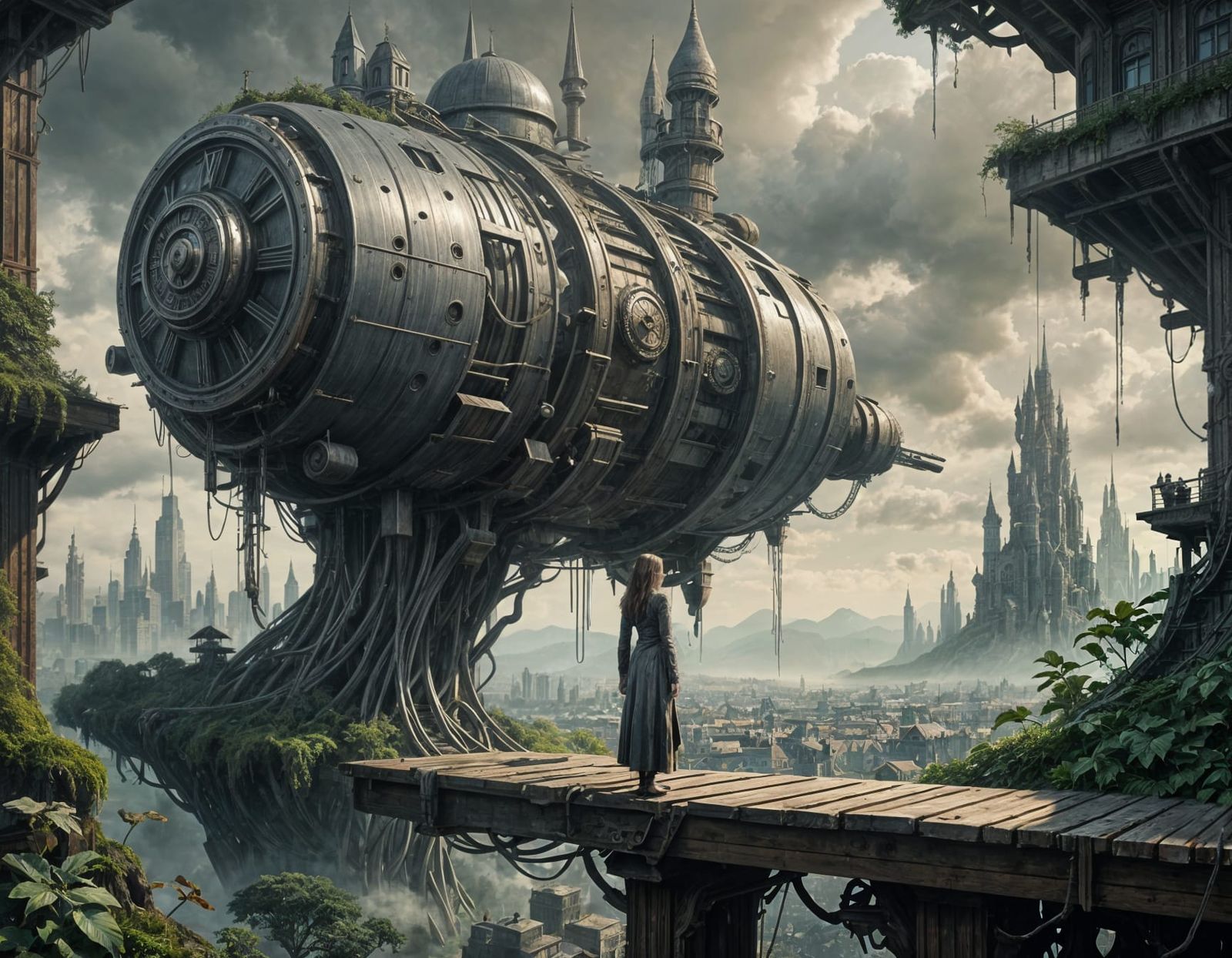 Woman Gazing at Overgrown Futuristic Cityscape in Matte Pain...