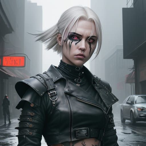 Cyberpunk Warrior Woman in Rain-Slicked Alley