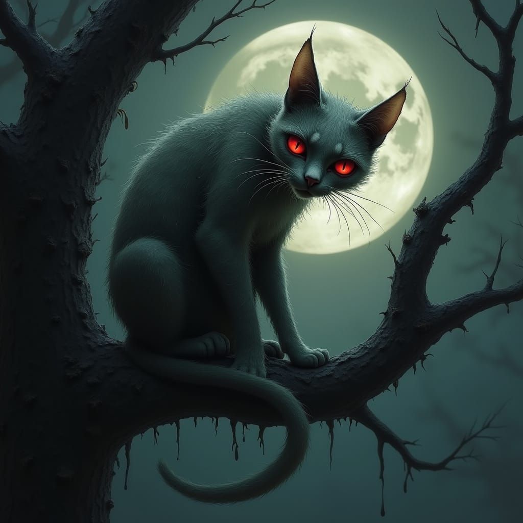 Cyberpunk-Style Demon Cat Under Full Moon