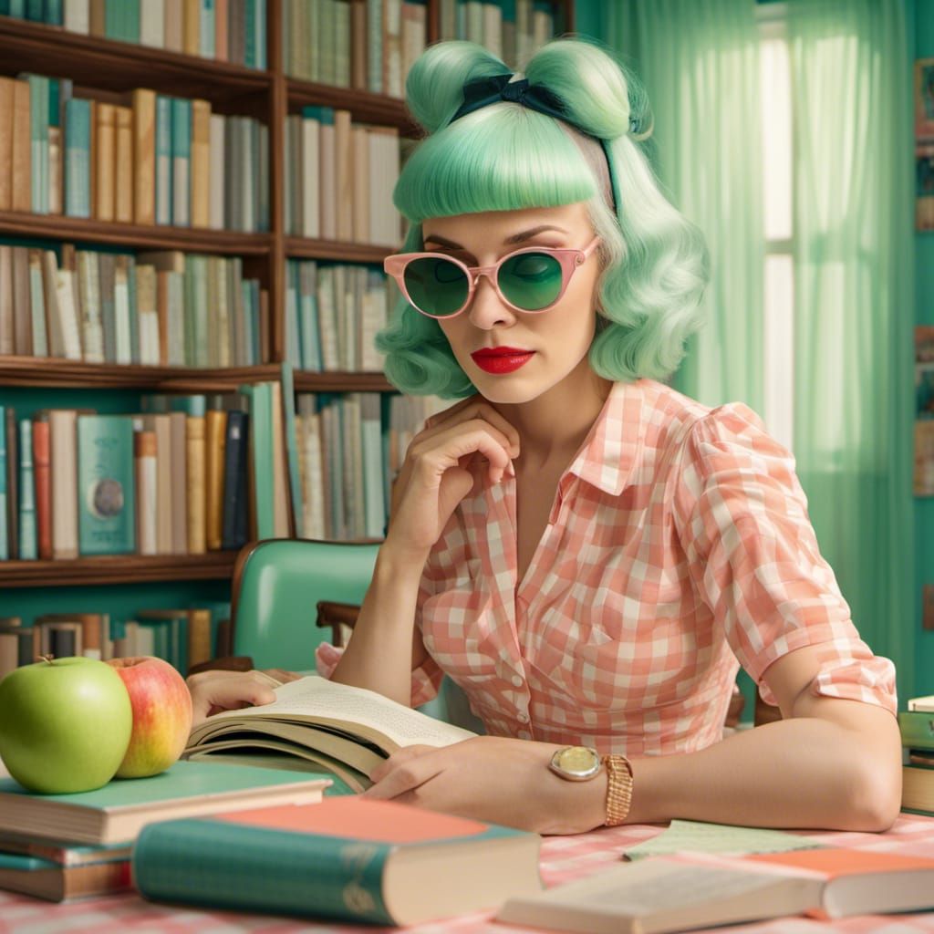 Retro 1950's Library Scene in Wes Anderson Style