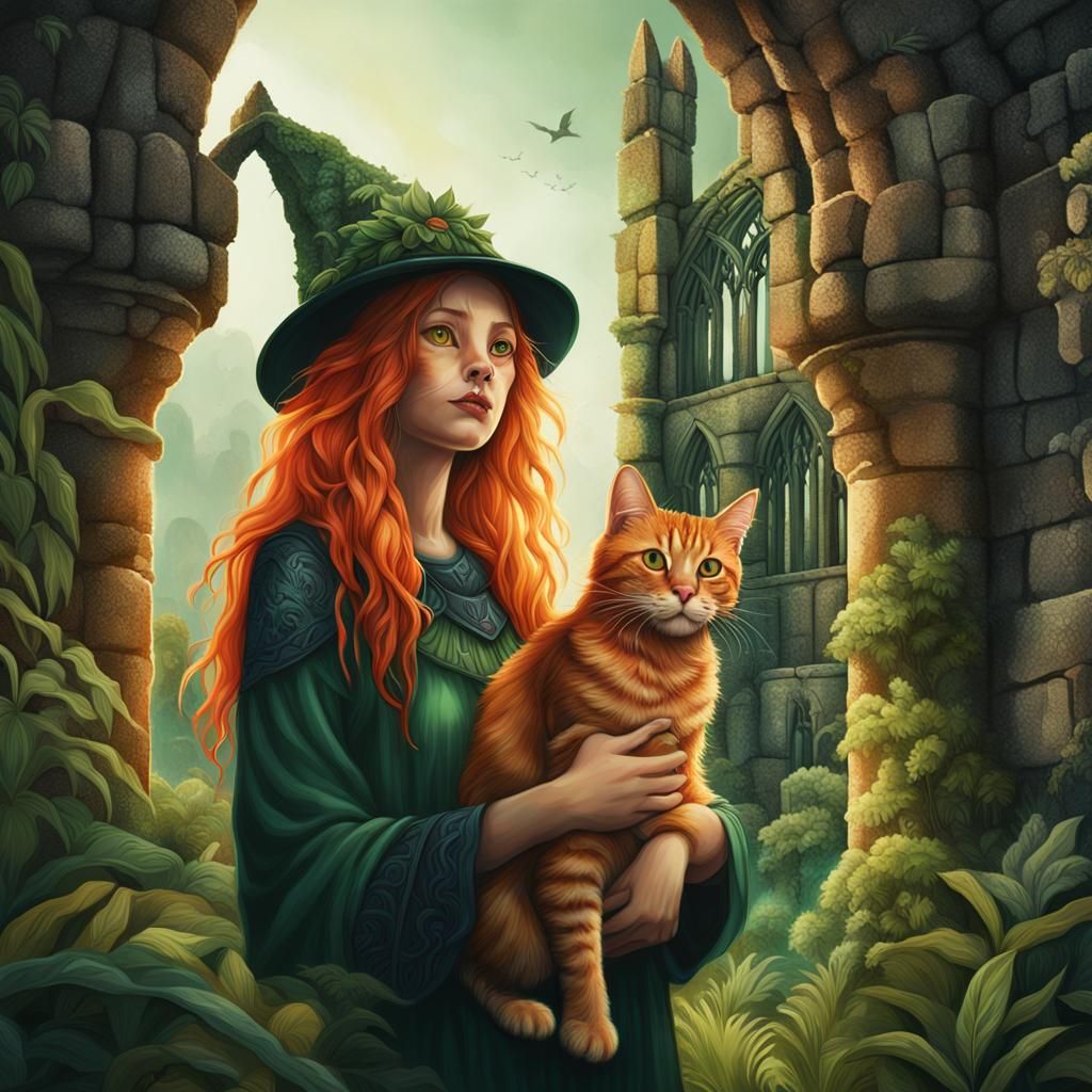 Ginger Cat and Witch in Jungle Abbey Ruins