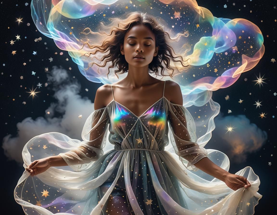 Ethereal Woman Wrapped in Starlight and Cosmic Vapor