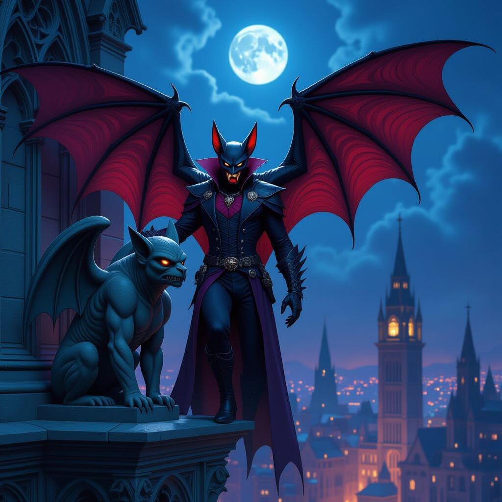 Vampire Bat Hybrid Beside Gargoyle on Gothic Building