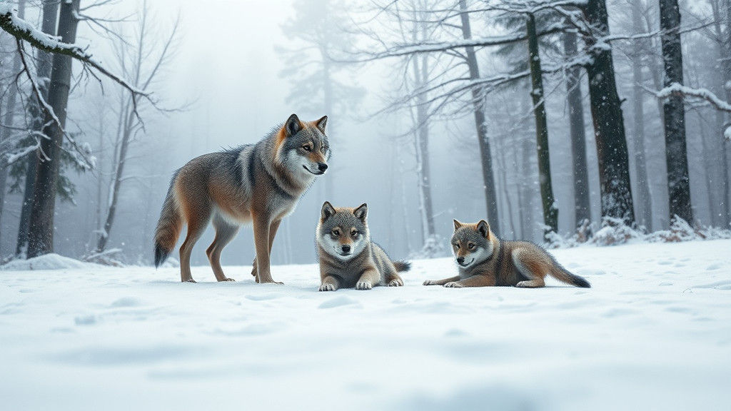 Wolf Pups Playing in Winter Wonderland, Matte Painting