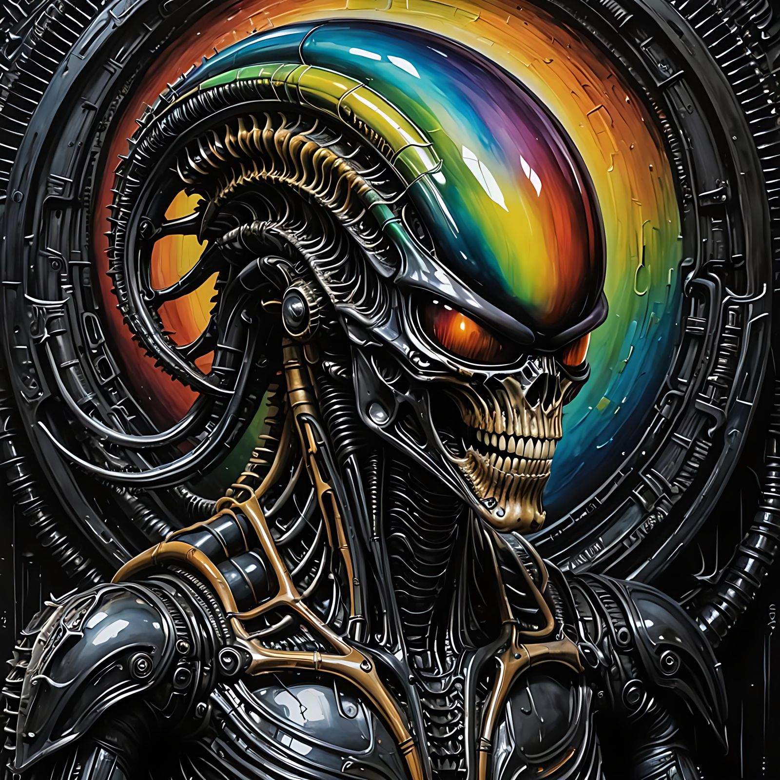 Rainbow Xenomorph Portrait in Giger Style