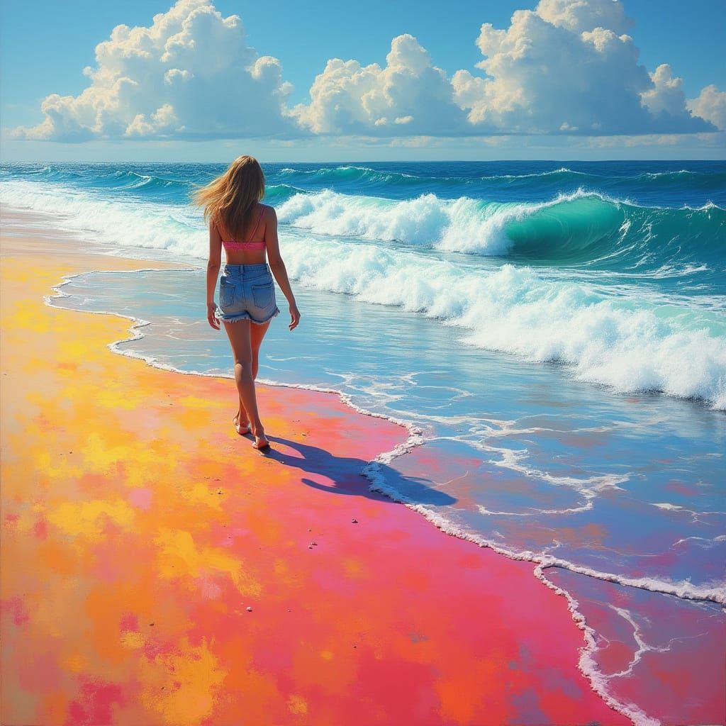 Rainbow Beach Scene in Impressionistic Style