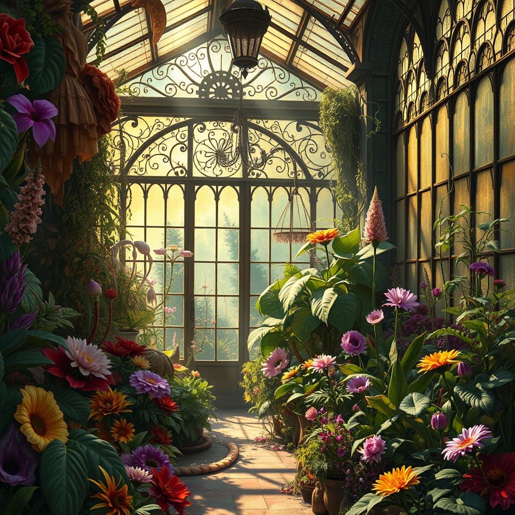 Ancient Greenhouse Masterpiece with Whimsical Magical Plants