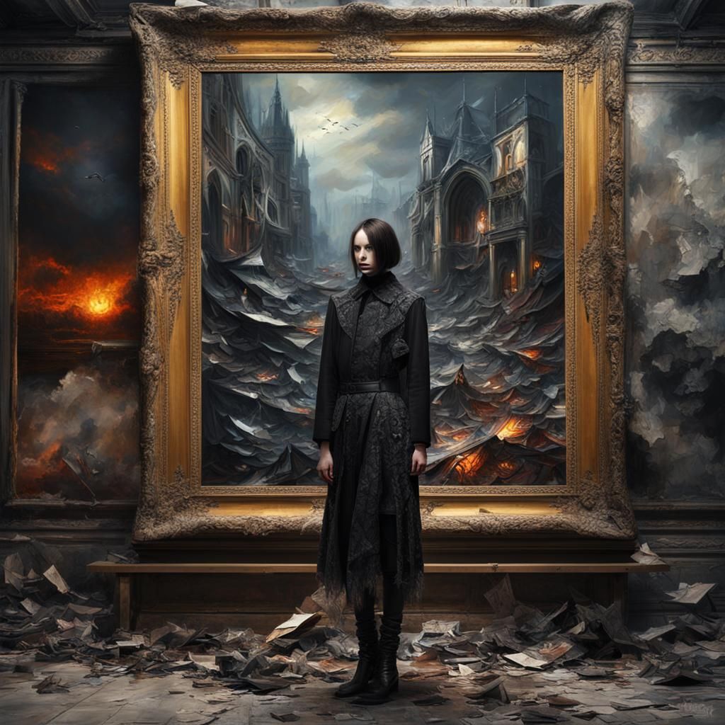 Damaged Art Gallery with Goth Model, Abstract Oil Paintings