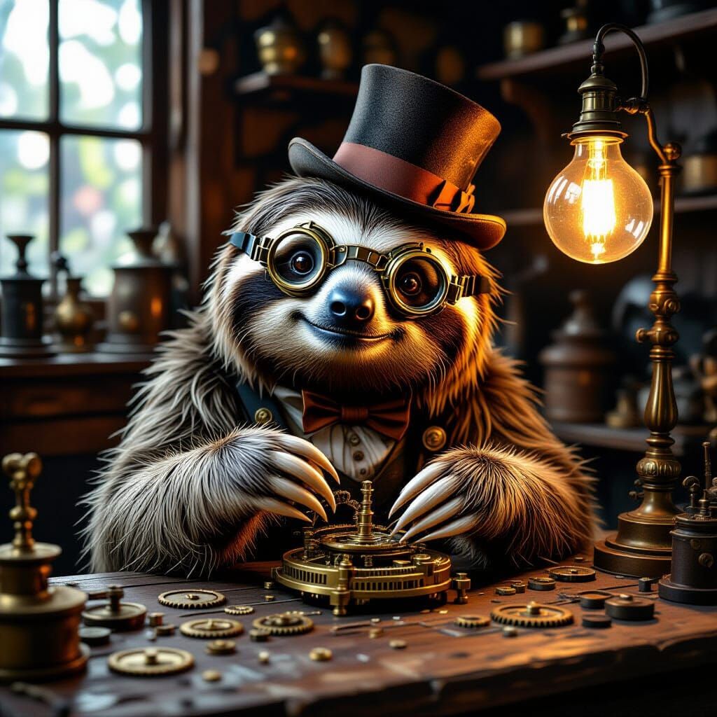 Steampunk Sloth Assembling Clockwork in Victorian Workshop