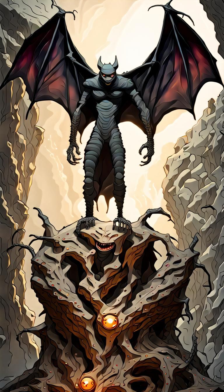 Monstrous Figure with Wings in Illuminated Cavern