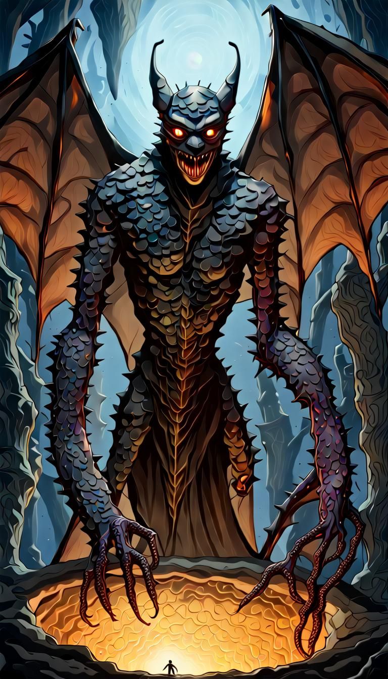 Monstrous Winged Figure in Illuminated Cavern