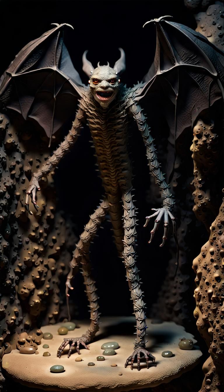 Monstrous Figure with Bat Wings in Illuminated Cavern