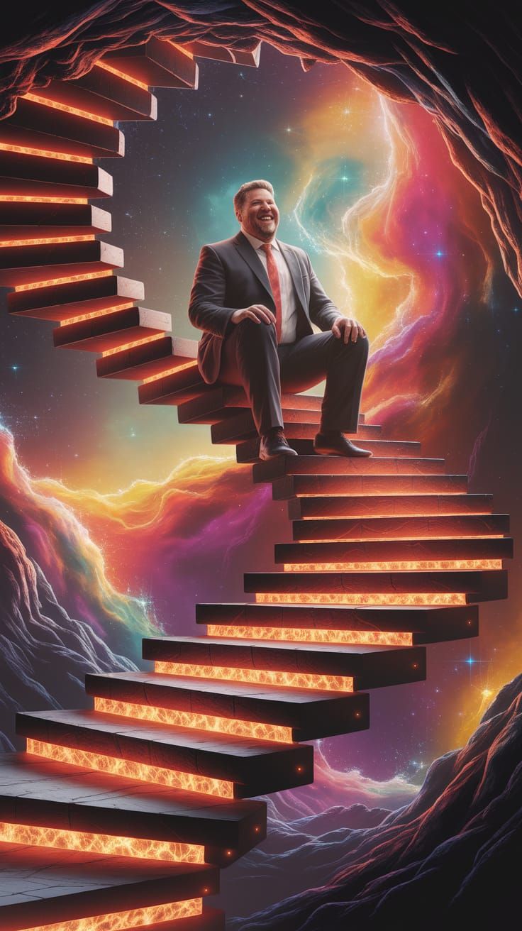 Laughing Man on Lava Staircase in Nebula