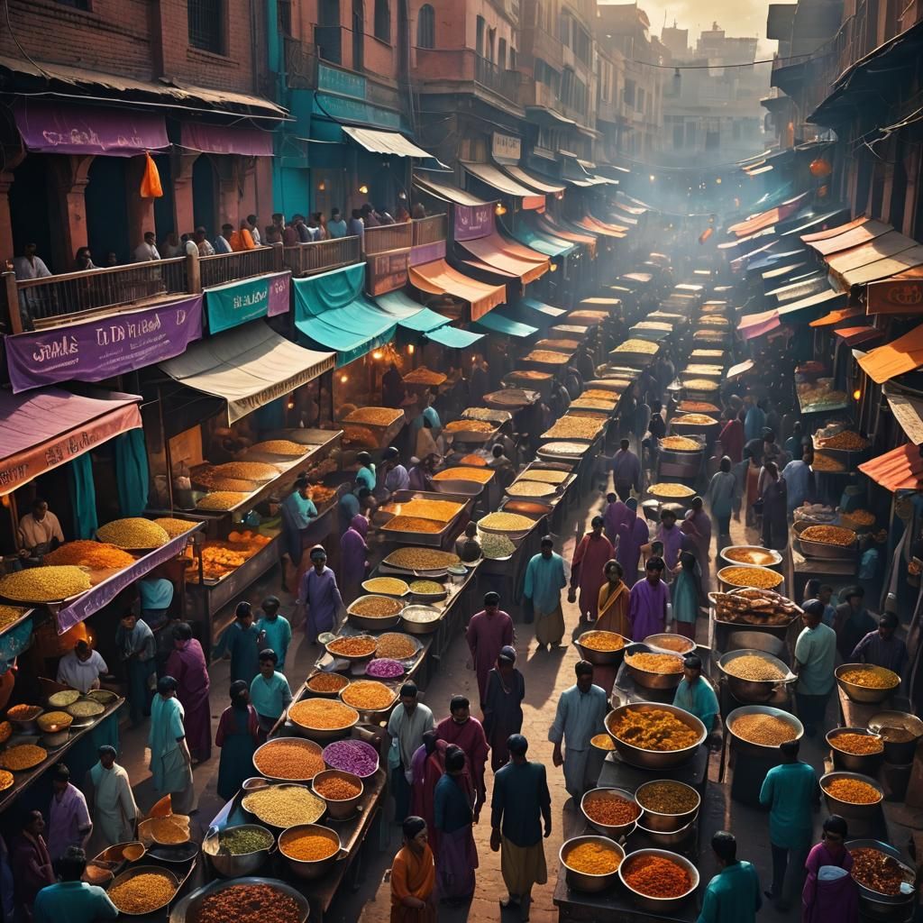 Vibrant Indian Street Food Market in Matte Painting Style