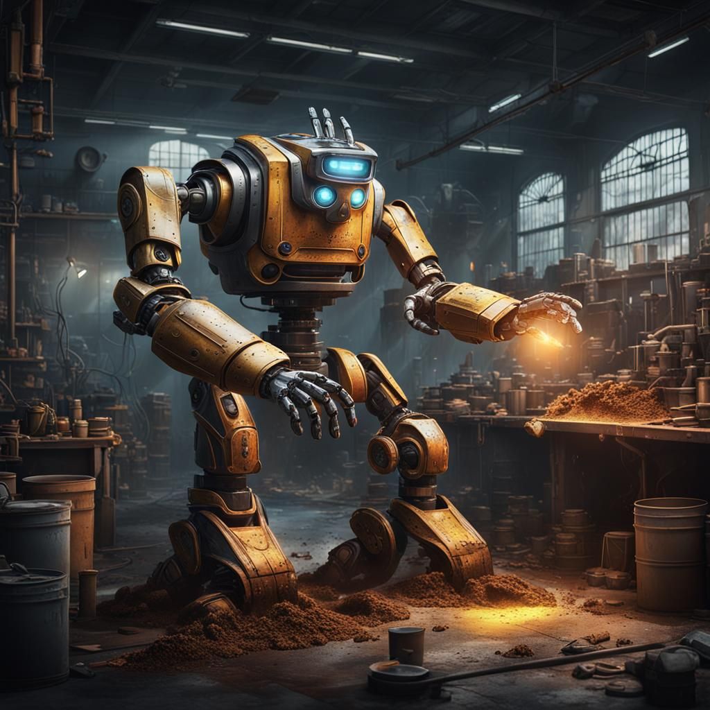 Robot Mechanic in Workshop: Detailed Matte Painting