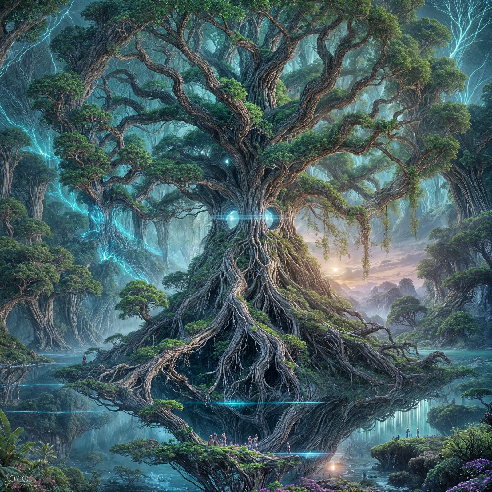 Ancient Tree Portal on Floating Island, Ethereal Beings