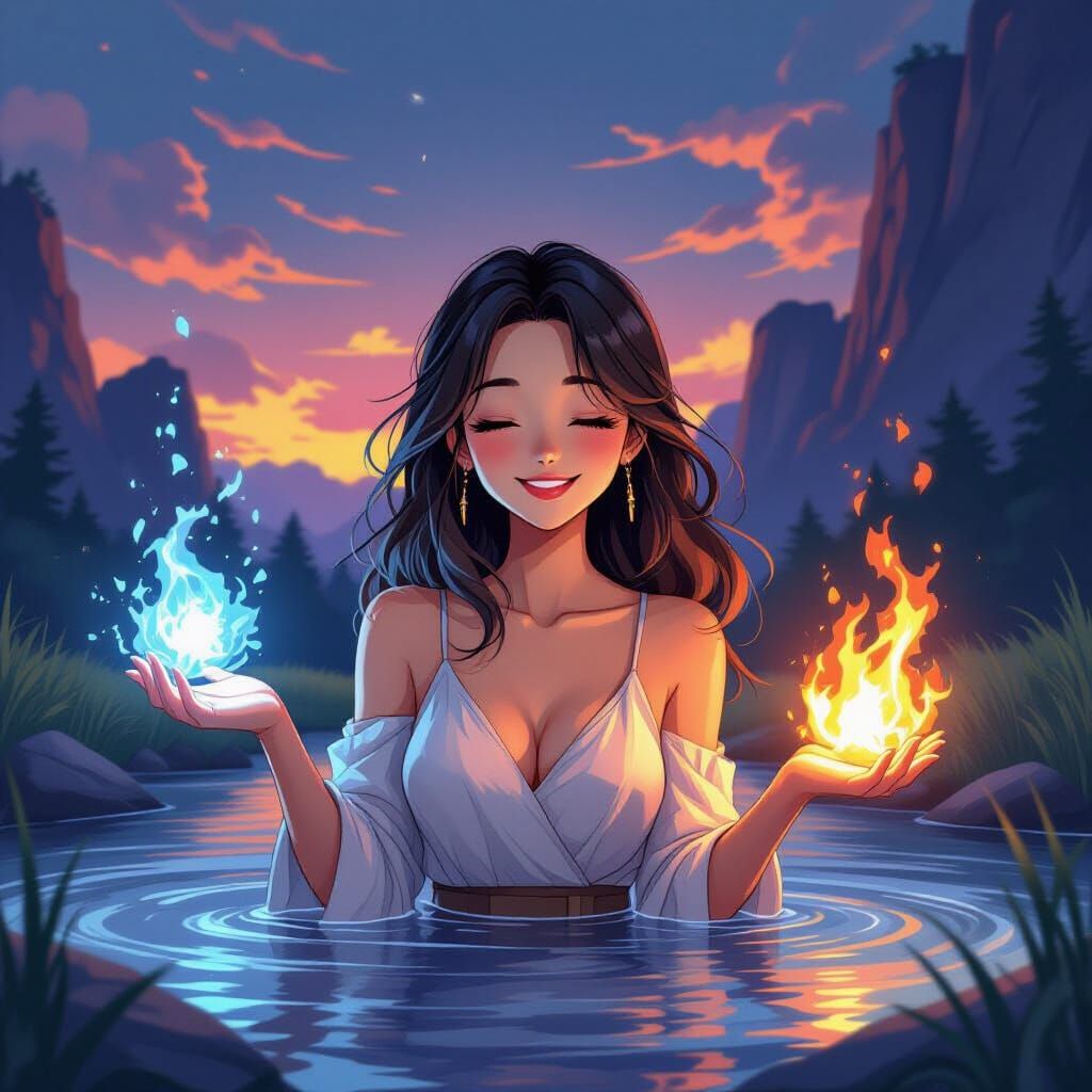 Woman Controls Fire and Water in Anime Landscape
