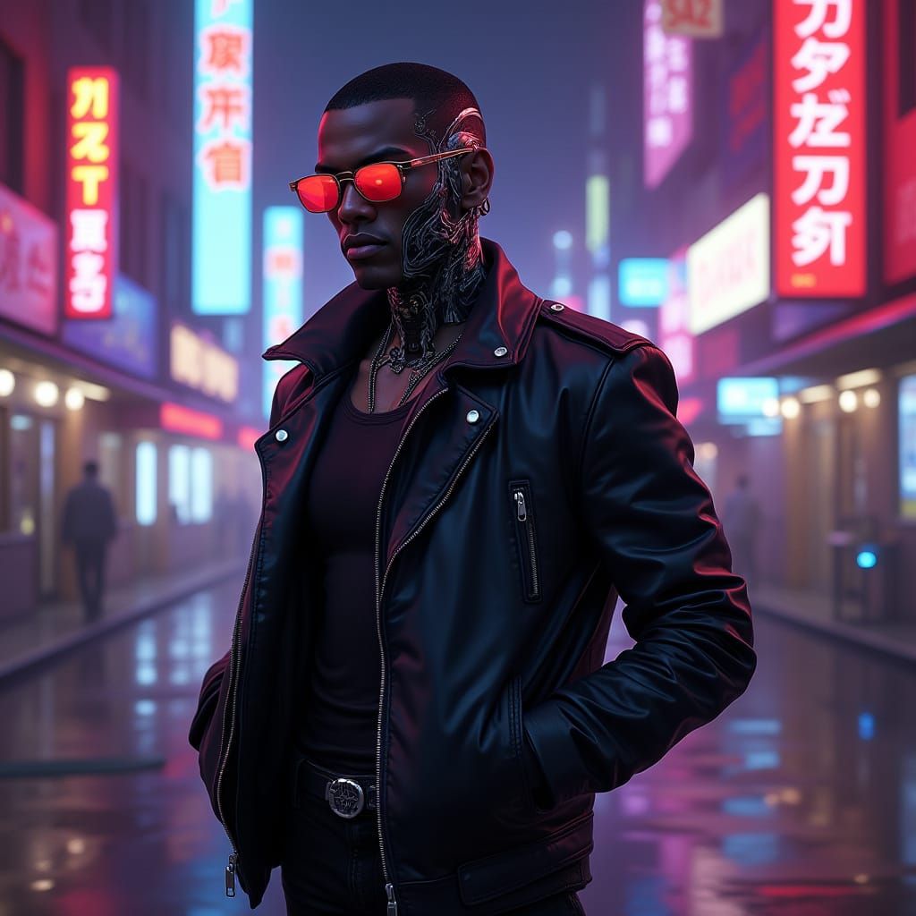 Retro 90s Cyborg in Neon Cityscape