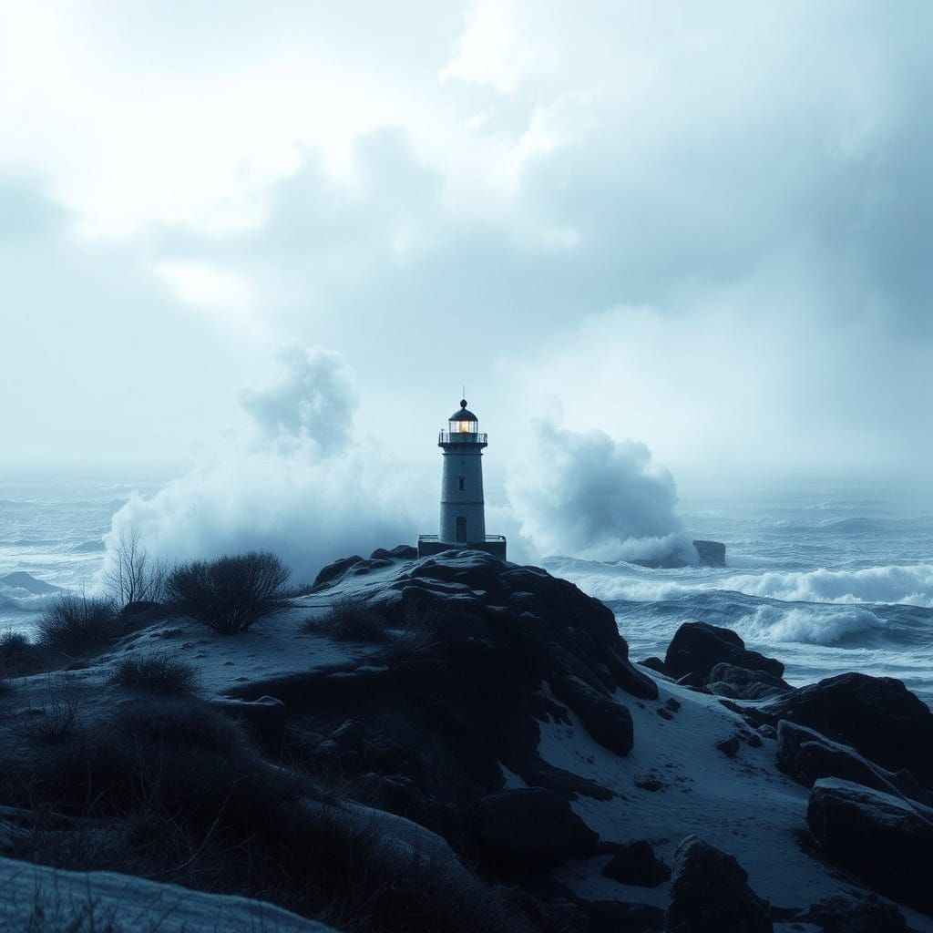 Lighthouse Double Exposure in Haunting Coastal Landscape