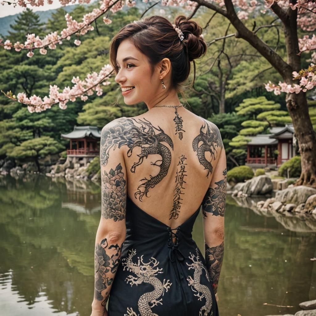 Dragon Tattooed Woman in Japan with Sakura Trees