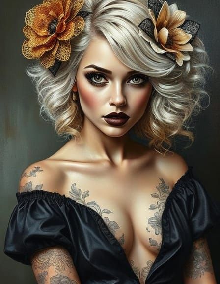 Captivating Woman with Floral Tattoos as Oil Painting