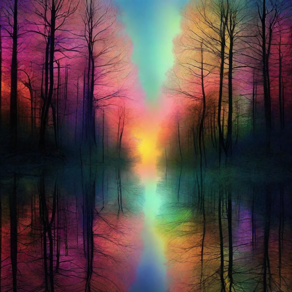 Iridescent Reflection: Fractal Forest Landscape at Twilight