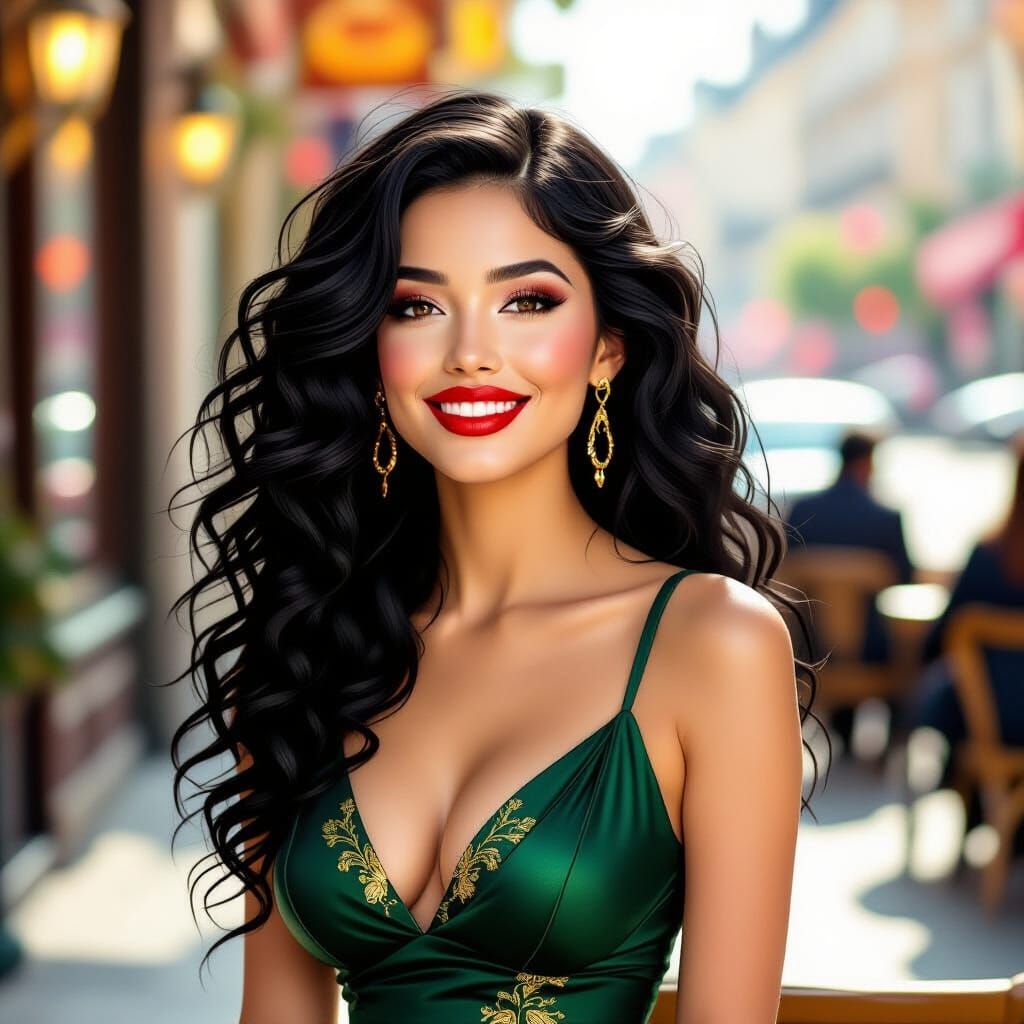 female profile smiling long black curly hair style, dark gre...