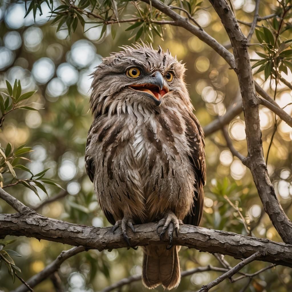 Adorable Tawny Frogmouth Owl with Open Mouth