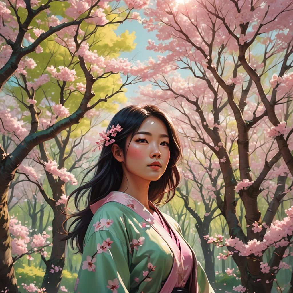 Asian Girl in Cherry Blossom Forest: Concept Art