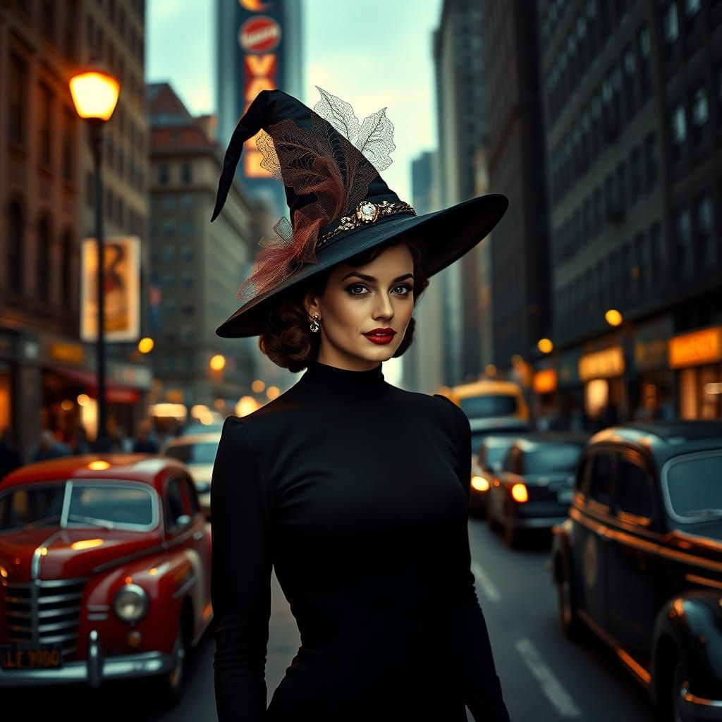 Vintage Witch Captured in Manhattan's Bustling Streets