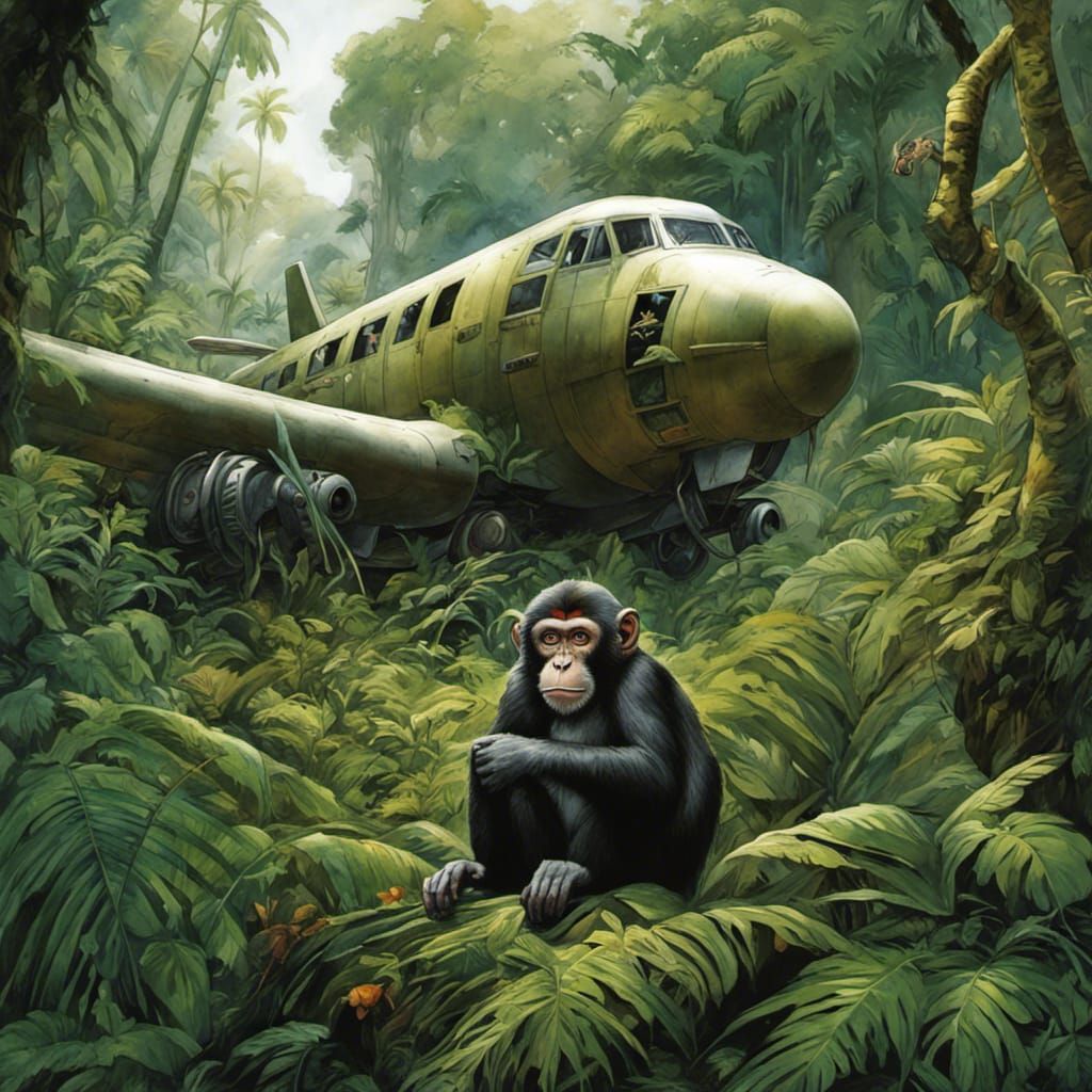 Monkey on Overgrown Plane: Graphic Novel Art