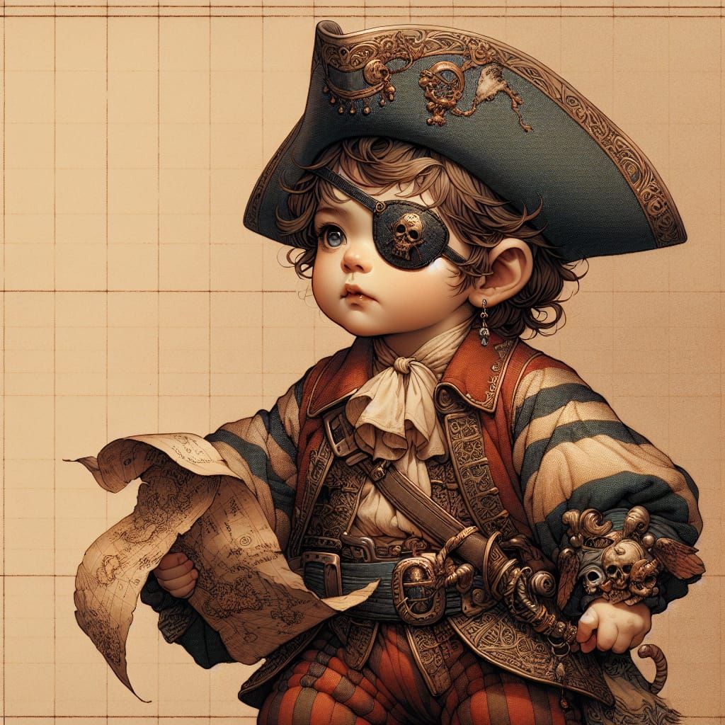 Adorable Baby Pirate with Treasure Map: Woodblock Print