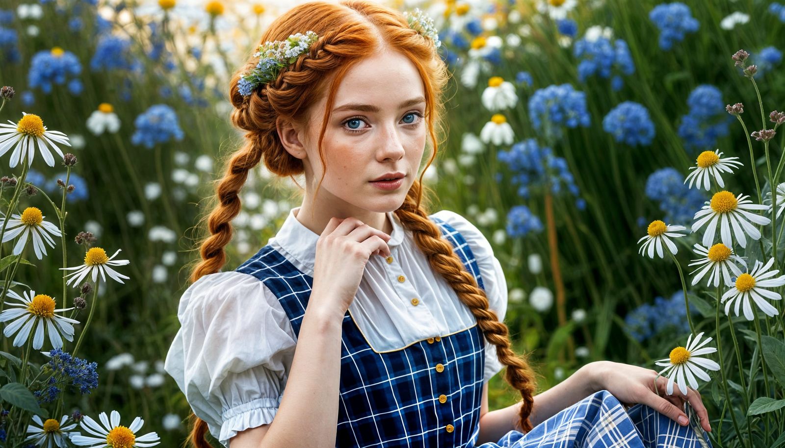 Art Nouveau Woman with Braids and Wildflowers