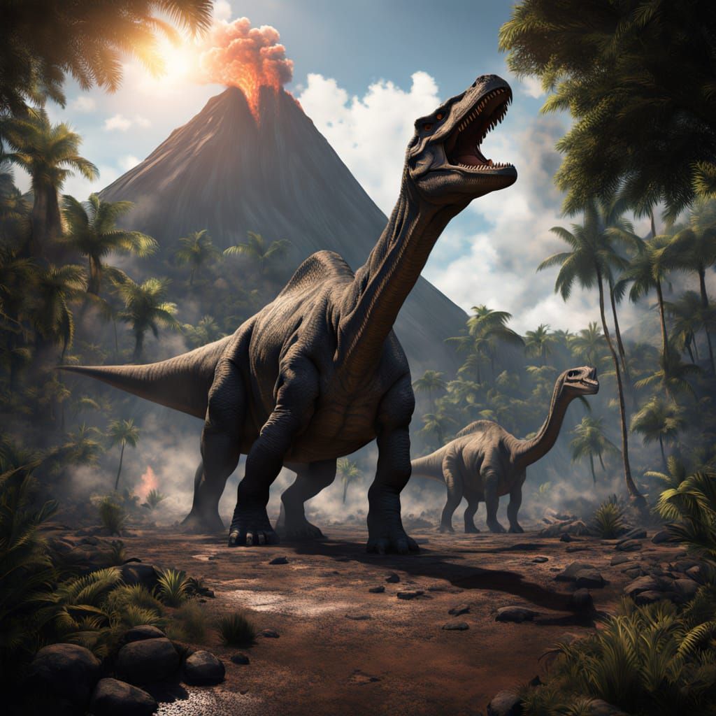 Dramatic Charcoal Drawing of Dinosaurs in Jungle