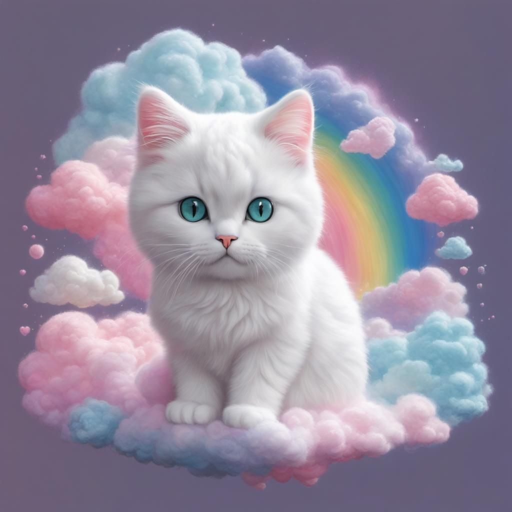 Marshmallow cat Japanese kawaii Fuzzy texture pastel cat Embroidery fiber art Cotton candy clouds Fluffy clouds Realisti...