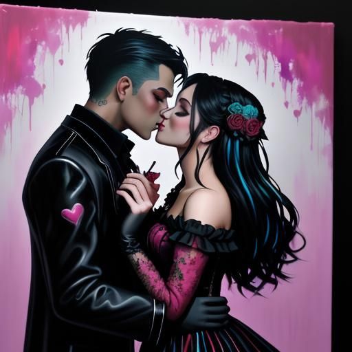 Romantic Couple Kissing in Gothic Splash Art Style
