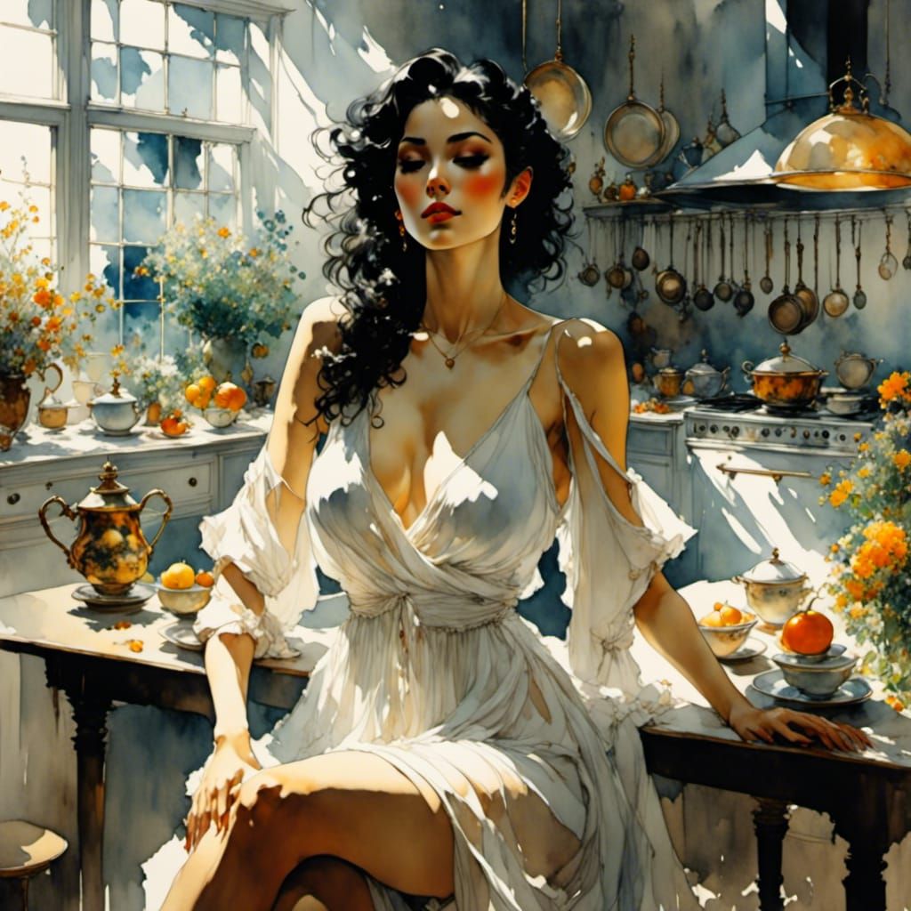 Happy Woman at Kitchen Table in Anime Style