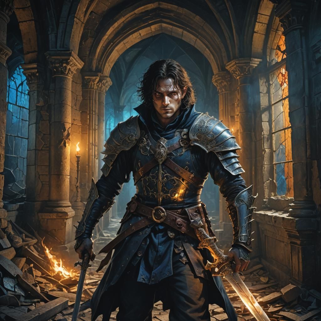 Troubled Man with Glowing Eyes in Ruined Castle