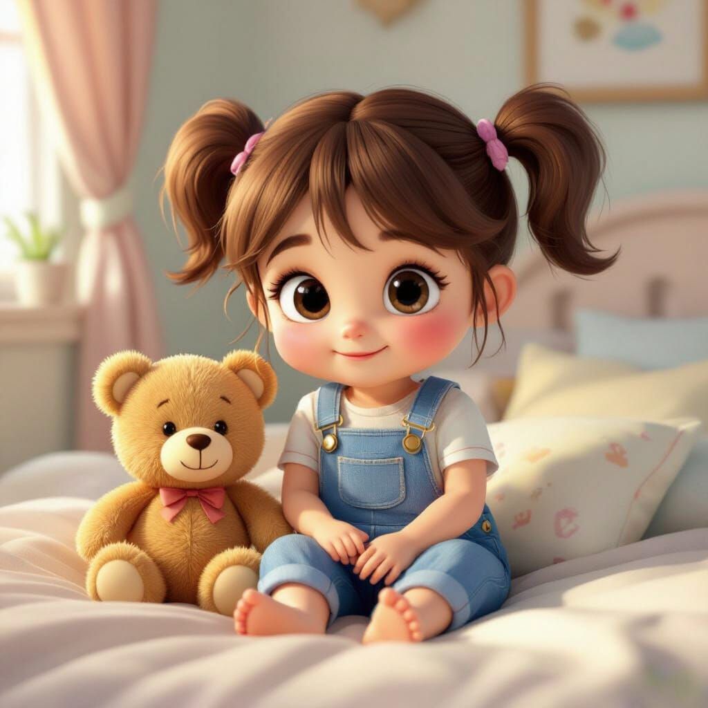 Sweet Morning Scene: Girl and Teddy Bear on Cozy Bed