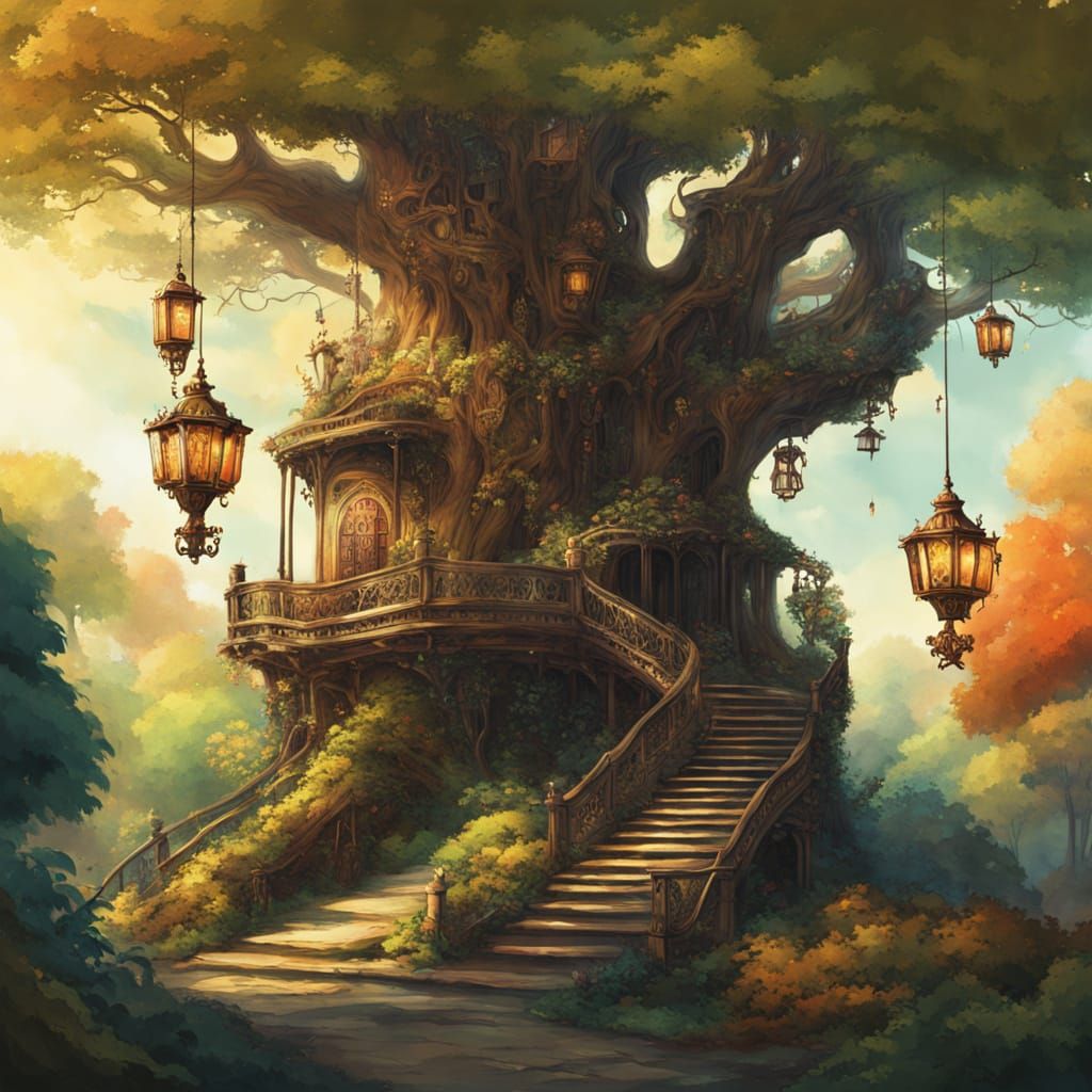 Ancient Clockwork Tree in Lush Fantasy Forest