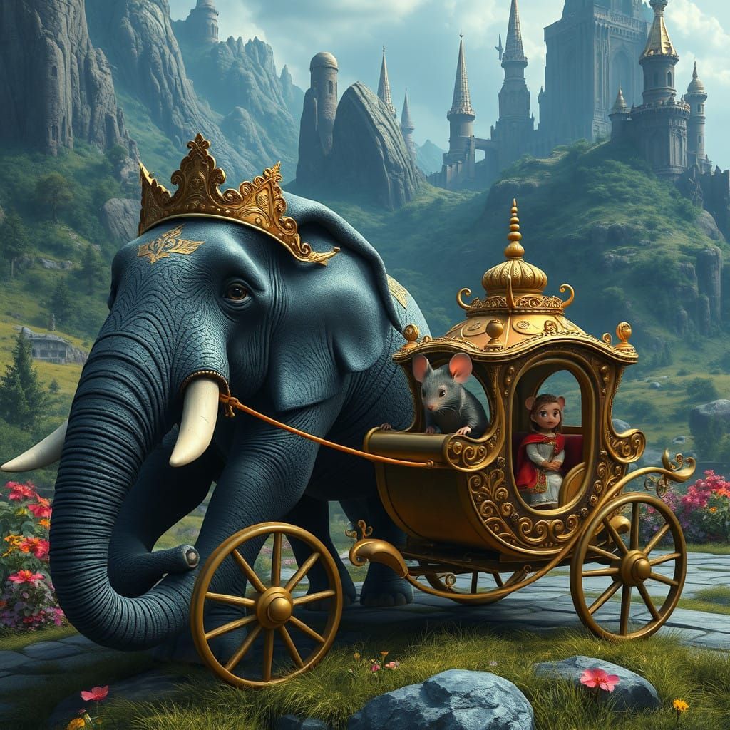 Majestic Elephant Pulls Golden Carriage in Vibrant Fantasy L...
