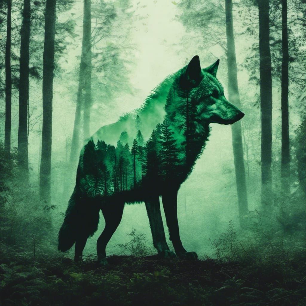 Double Exposure: Green Forest Wolf Silhouette