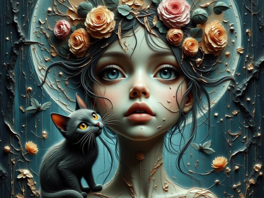 Mystical Moonfairy and Cat Portrait in 3D Oil Brushwork