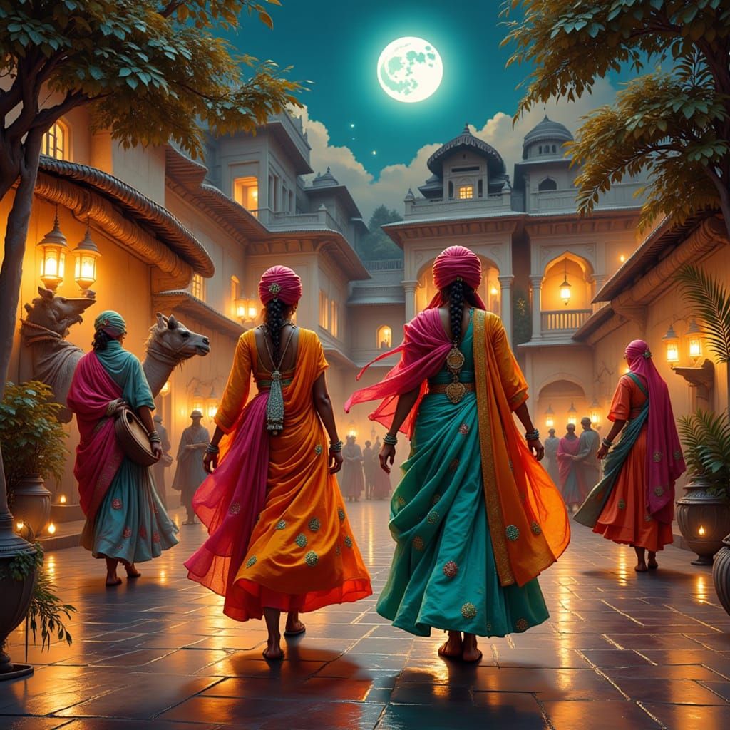 Rajasthani Women Dancing in Desert Courtyard