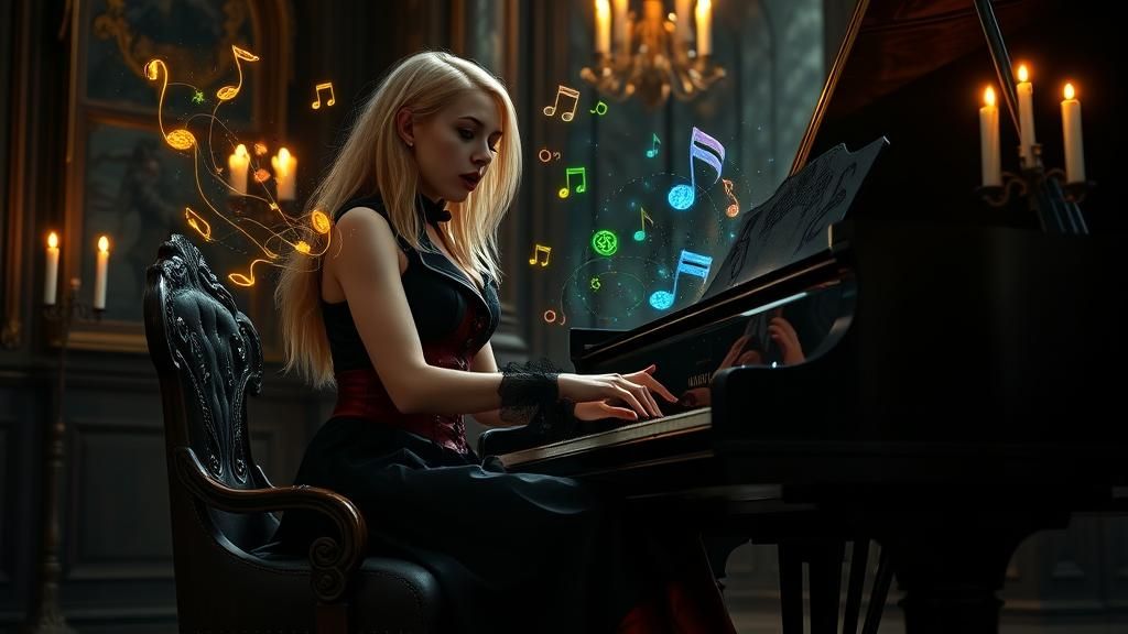 Vampire Woman Plays Piano in Dark Castle