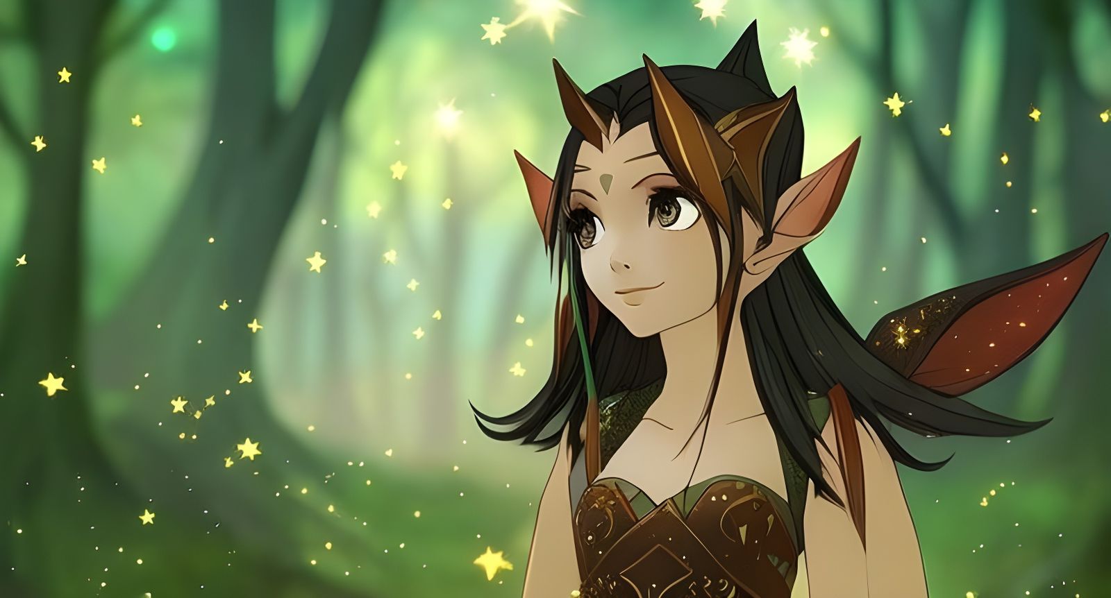 Anime Elf Girl in Magical Forest at Night