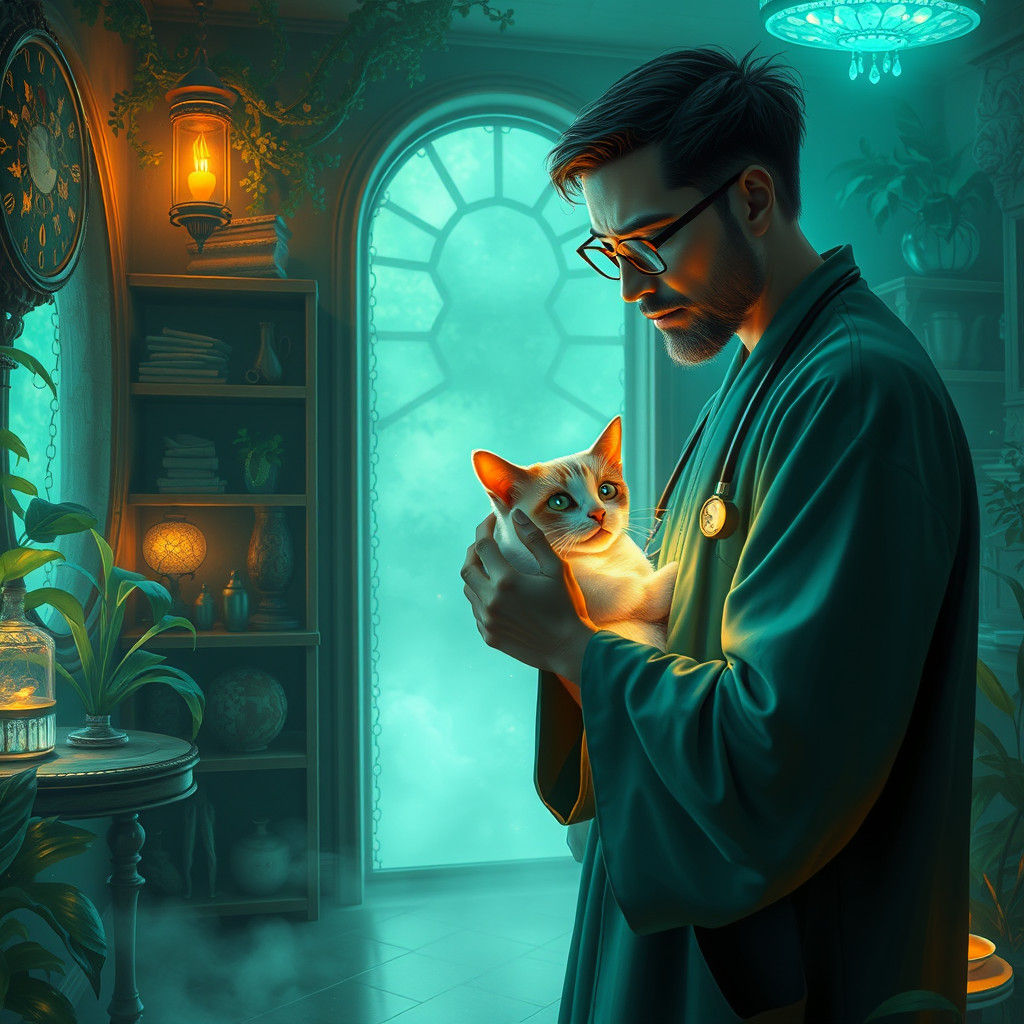 Mystical Vet Office with Glowing Cat, Dreamlike Matte Painti...