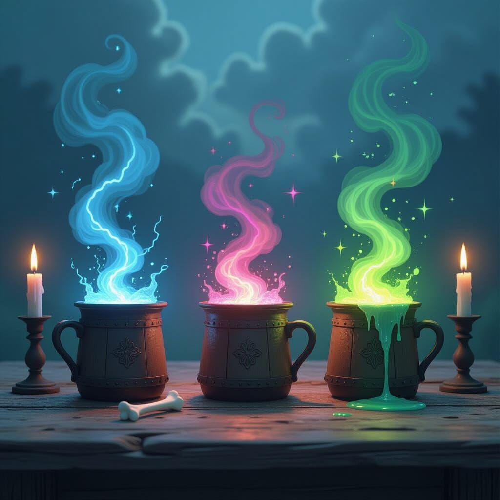 Three beekers are sitting on a wooden table surrounded by ca...