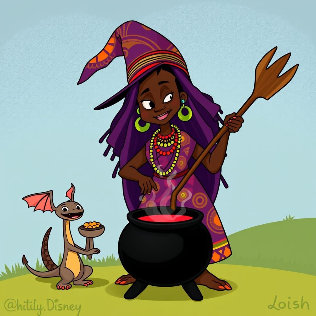 African Witch and Dragon in Cartoon Style