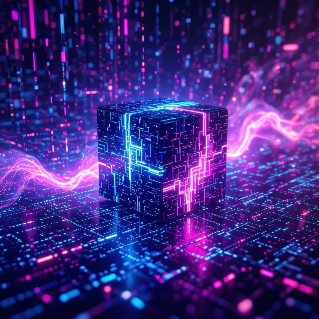 Futuristic Neon Cube in Digital Void